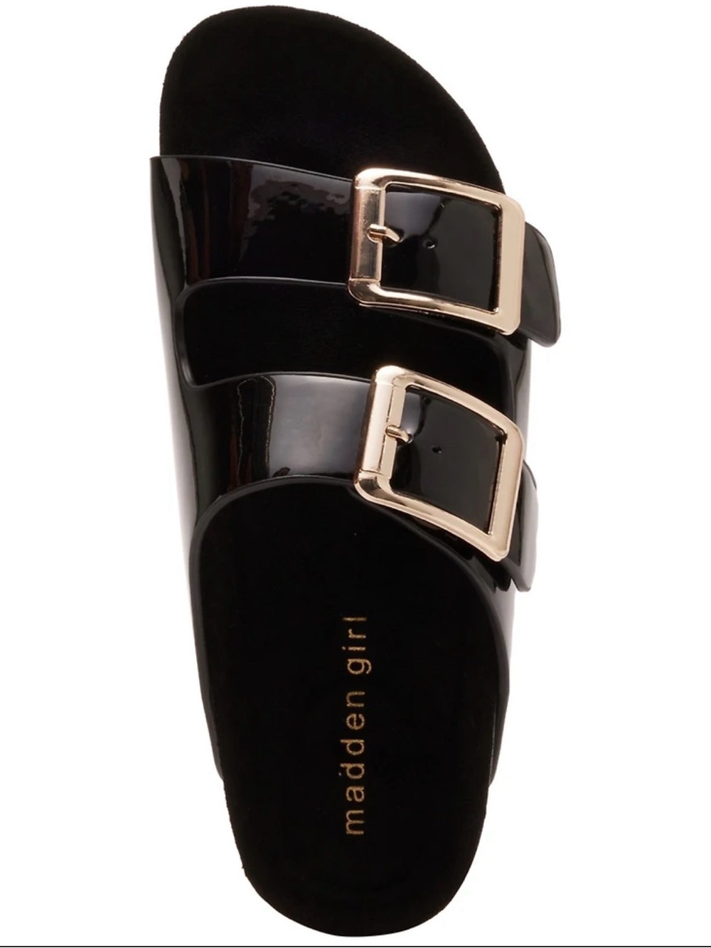 Madden Girl Black Patent Dual-Buckle Slide with Gold Buckles nwt size 6